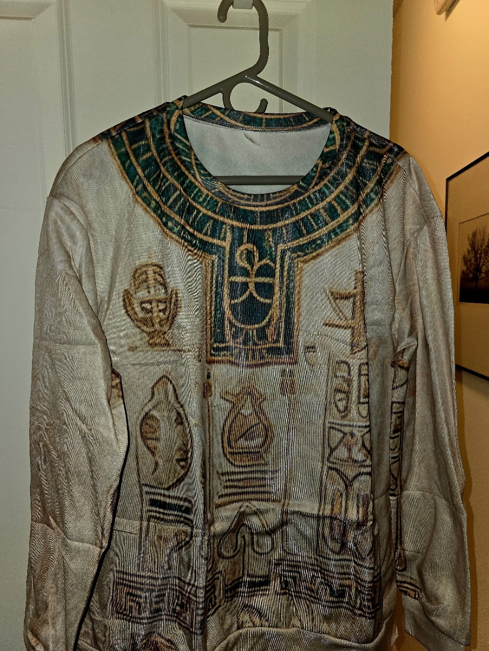 Men's Egyptian Motif Crewneck Sweater - Beige & Teal